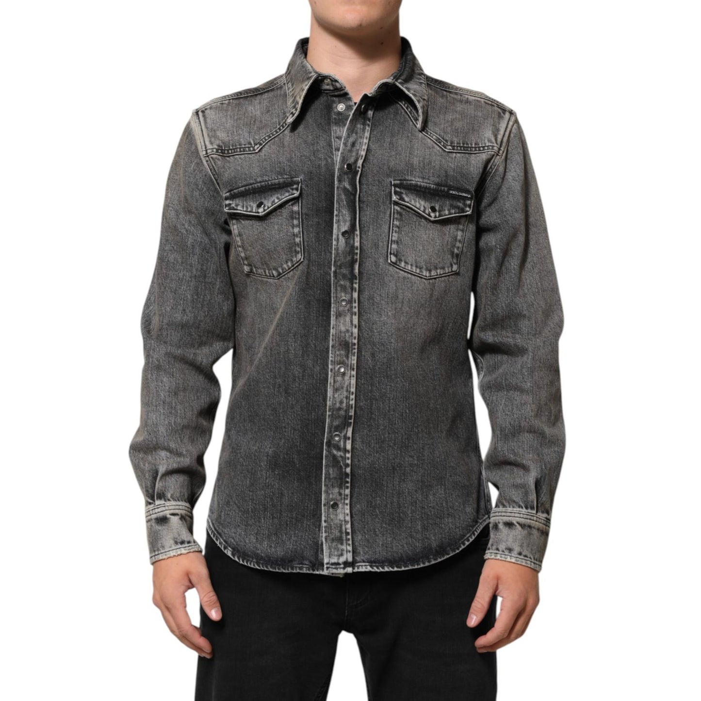 Dolce & Gabbana Black Washed Cotton Snap Long Sleeve Casual Shirt Dolce & Gabbana