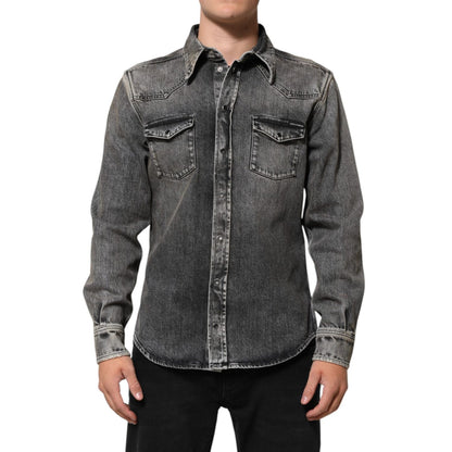 Dolce & Gabbana Black Washed Cotton Snap Long Sleeve Casual Shirt Dolce & Gabbana