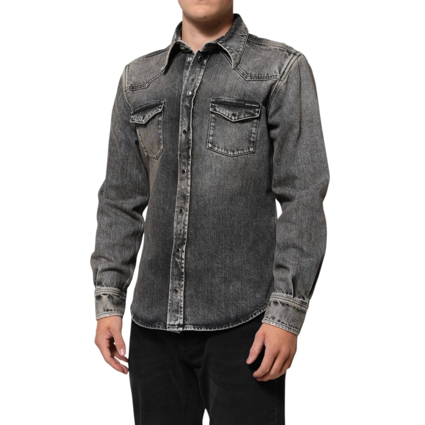 Dolce & Gabbana Black Washed Cotton Snap Long Sleeve Casual Shirt Dolce & Gabbana