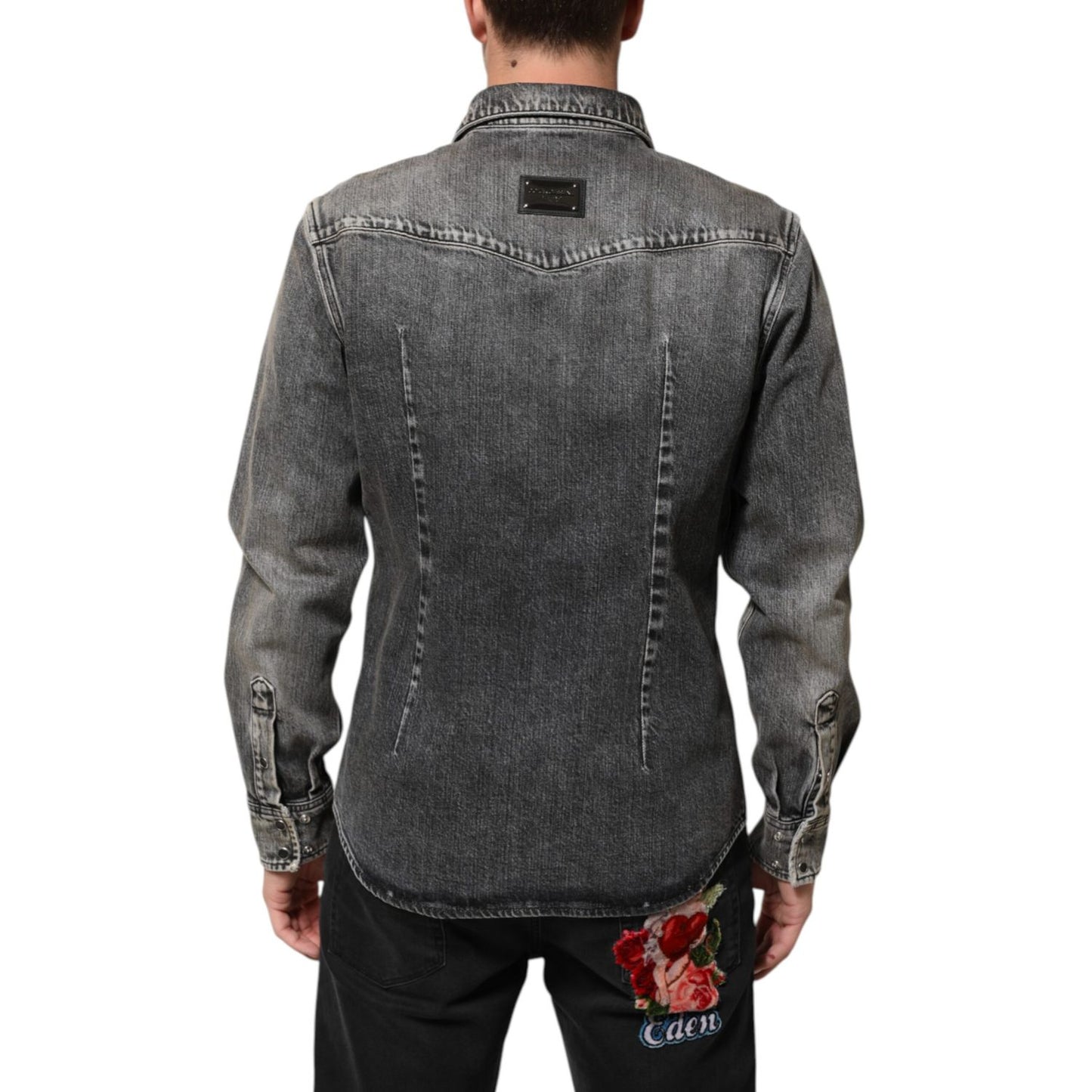 Dolce & Gabbana Black Washed Cotton Snap Long Sleeve Casual Shirt Dolce & Gabbana