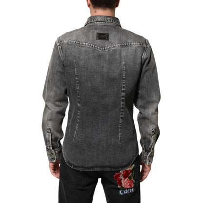 Dolce & Gabbana Black Washed Cotton Snap Long Sleeve Casual Shirt Dolce & Gabbana