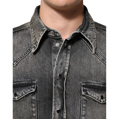 Dolce & Gabbana Black Washed Cotton Snap Long Sleeve Casual Shirt Dolce & Gabbana