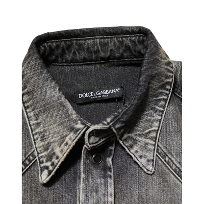 Dolce & Gabbana Black Washed Cotton Snap Long Sleeve Casual Shirt Dolce & Gabbana