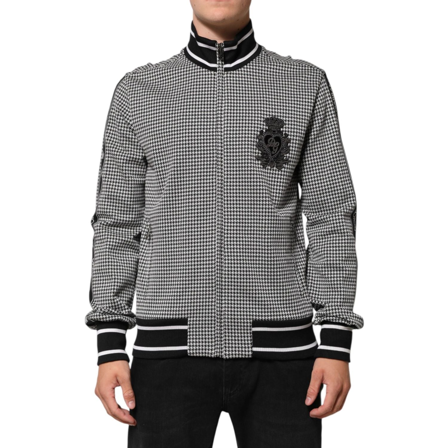 Dolce & Gabbana Black White Houndstooth Wool Crest Jacket Sweater