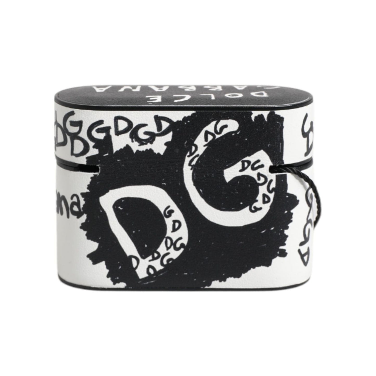 Dolce & Gabbana Black White Leather Scribble Embossed Logo Airpods Case