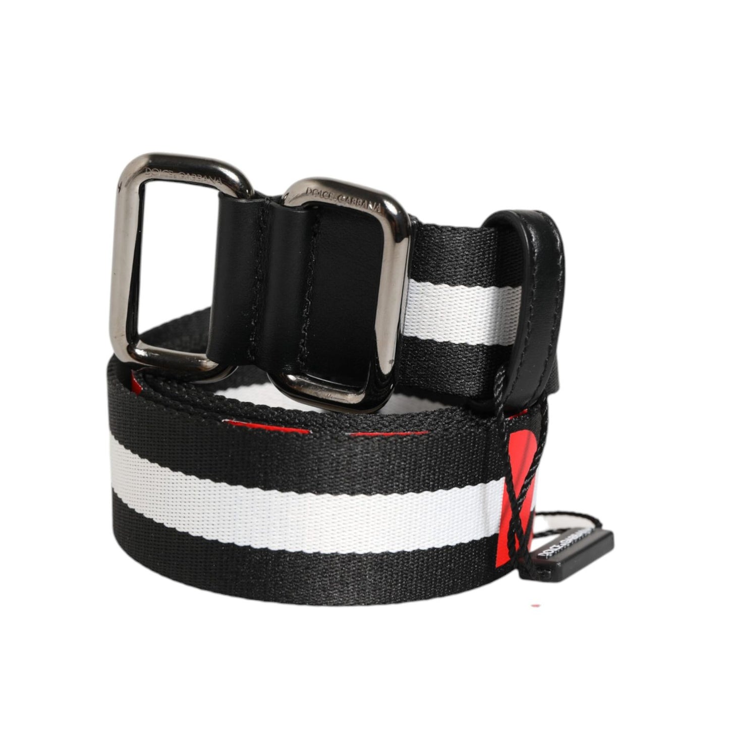 Dolce & Gabbana Black White Striped Logo Metal Buckle Belt Dolce & Gabbana