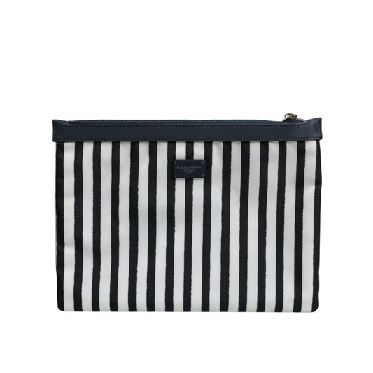 Dolce & Gabbana Black White Striped Logo Plaque Clutch Pouch Bag BAG4684