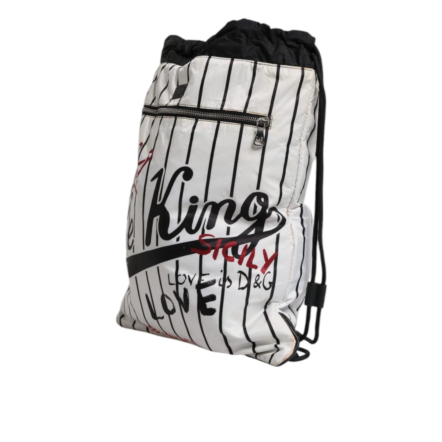 Dolce & Gabbana Black White Striped Polyester Drawstring Backpack Bag Dolce & Gabbana
