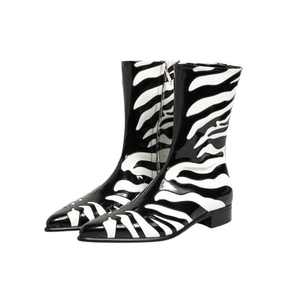 Dolce & Gabbana Black White Zebra Leather Mid Calf Boots Shoes Dolce & Gabbana