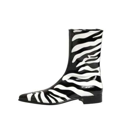 Dolce & Gabbana Black White Zebra Leather Mid Calf Boots Shoes Dolce & Gabbana