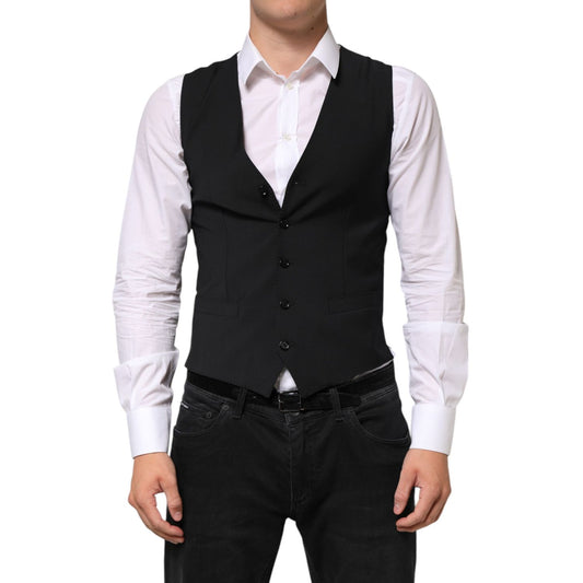 Dolce & Gabbana Black Wool Dress Formal Men Waistcoat Vest displayed on a model with white shirt and black pants.