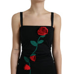 Dolce & Gabbana Black Wool Sleeveless Rose Applique Dress with 3D red rose embroidery detail on front.
