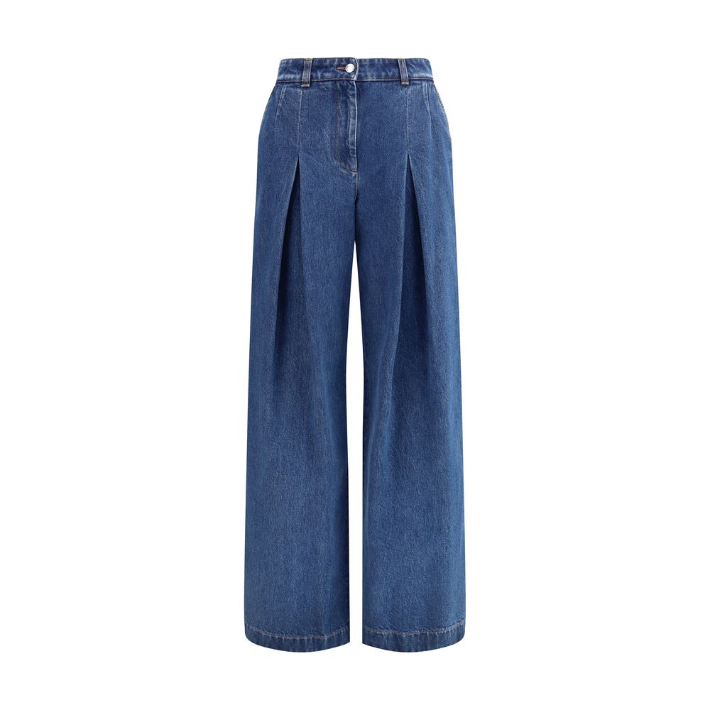Dolce & Gabbana Blue Cotton Straight-Leg Jeans with center pleat, dart, and French pockets, elegant casual wear.