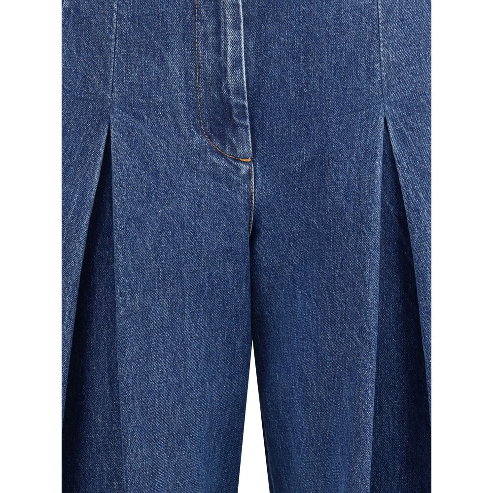Dolce & Gabbana Blue Cotton Straight-Leg Jeans with tailored design and center pleats, showcasing elegant French pockets and refined cut.
