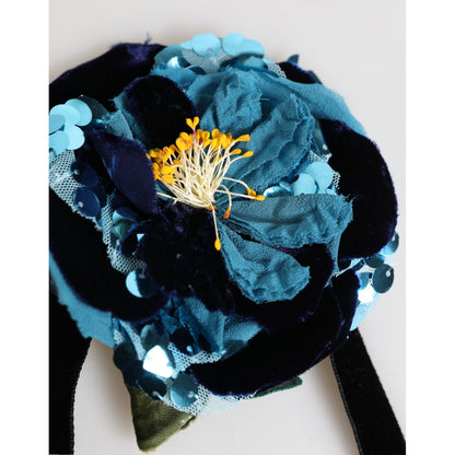 Dolce & Gabbana Blue Floral Appliqué Velvet Choker Crystal Beads Necklace