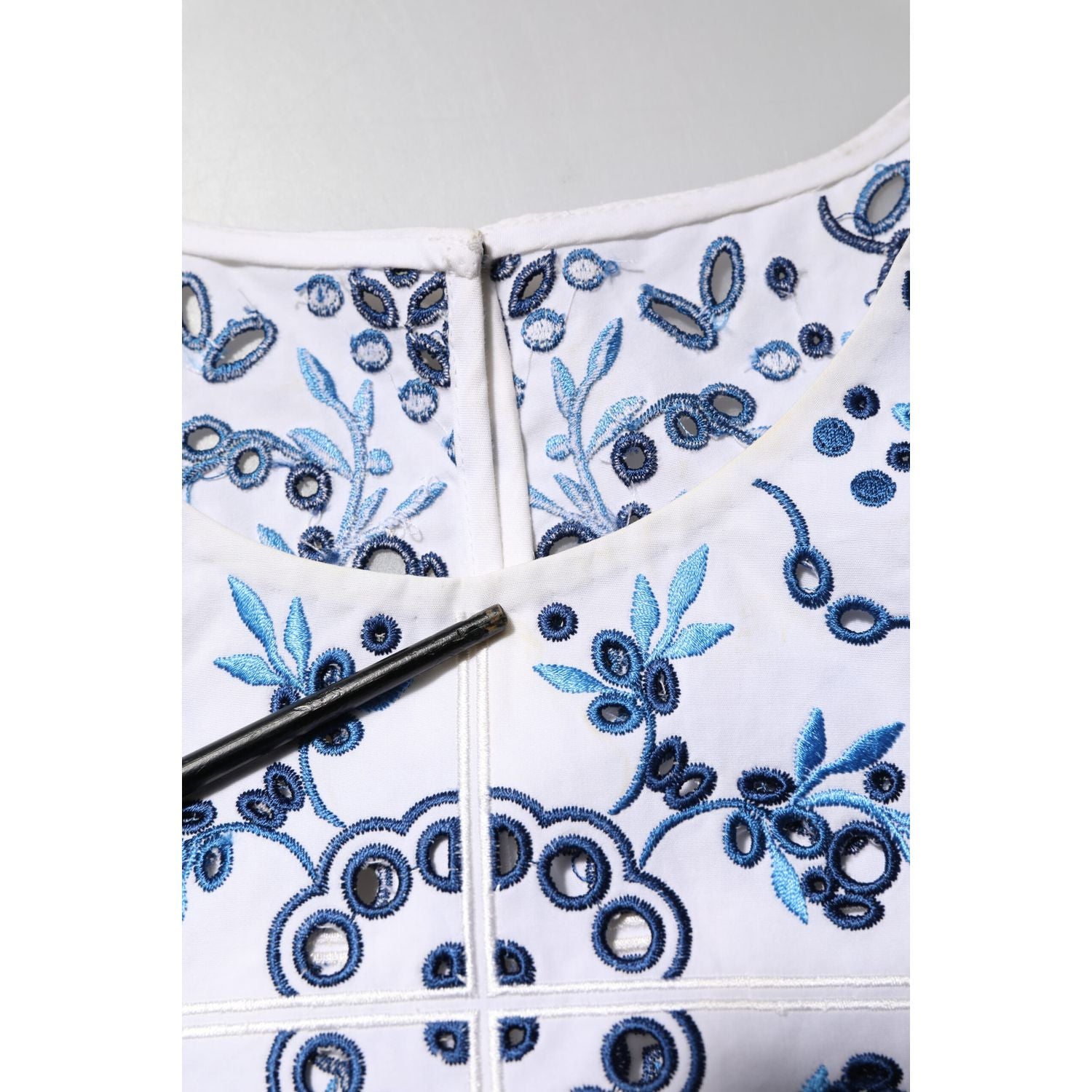 Dolce & Gabbana Blue Lace Eyelet Crew Neck Blouse Top