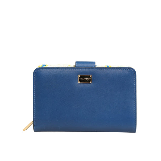 Dolce & Gabbana Blue Leather Continental Tile Print Zip Card Holder Purse Wallet