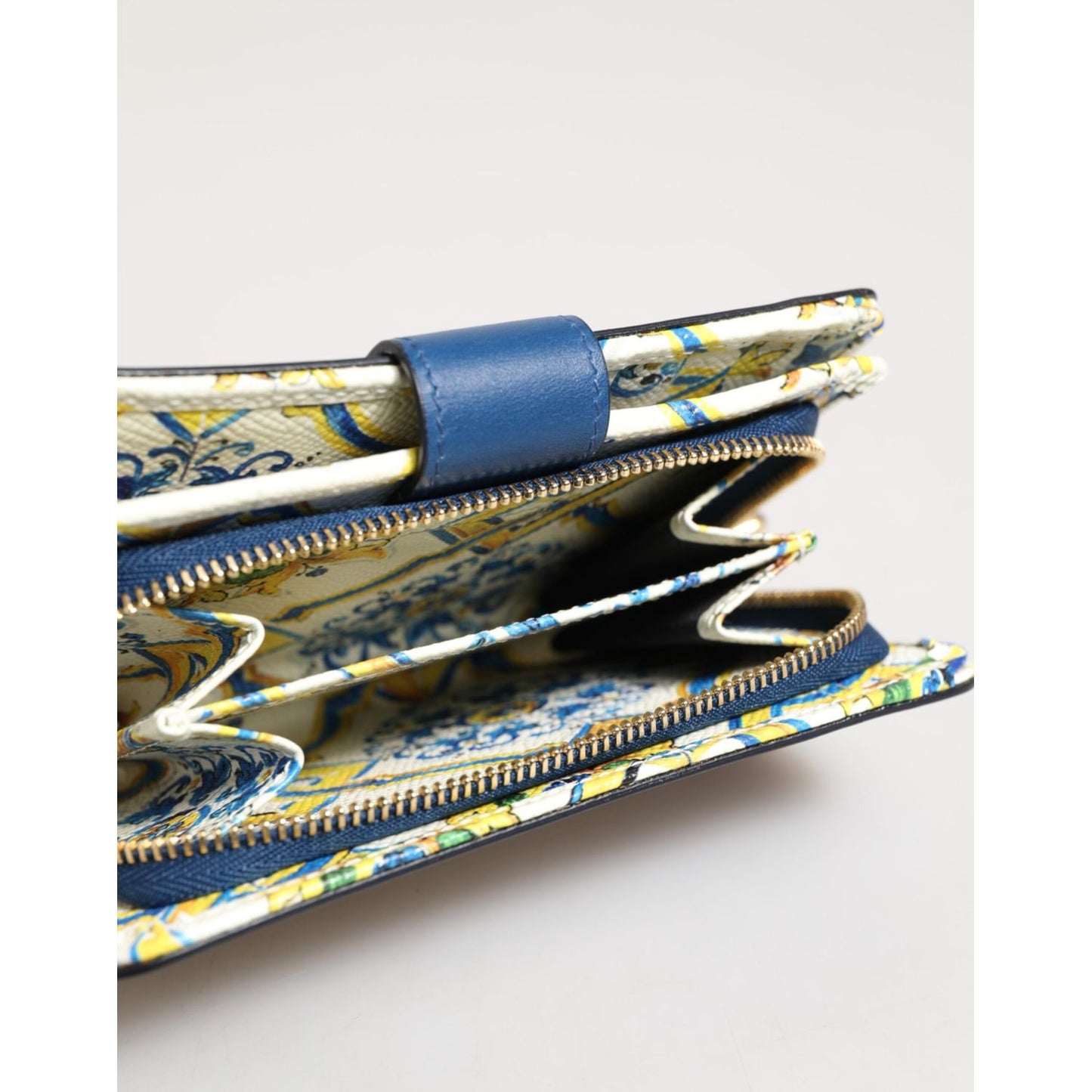 Dolce & Gabbana Blue Leather Continental Tile Print Zip Card Holder Purse Wallet