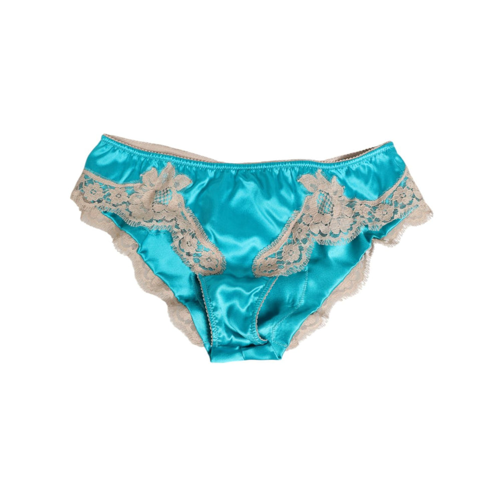 Dolce & Gabbana Blue Silk Satin Floral Lace Trim New Slip Underwear crafted in silk with lace detailing for luxury and comfort.