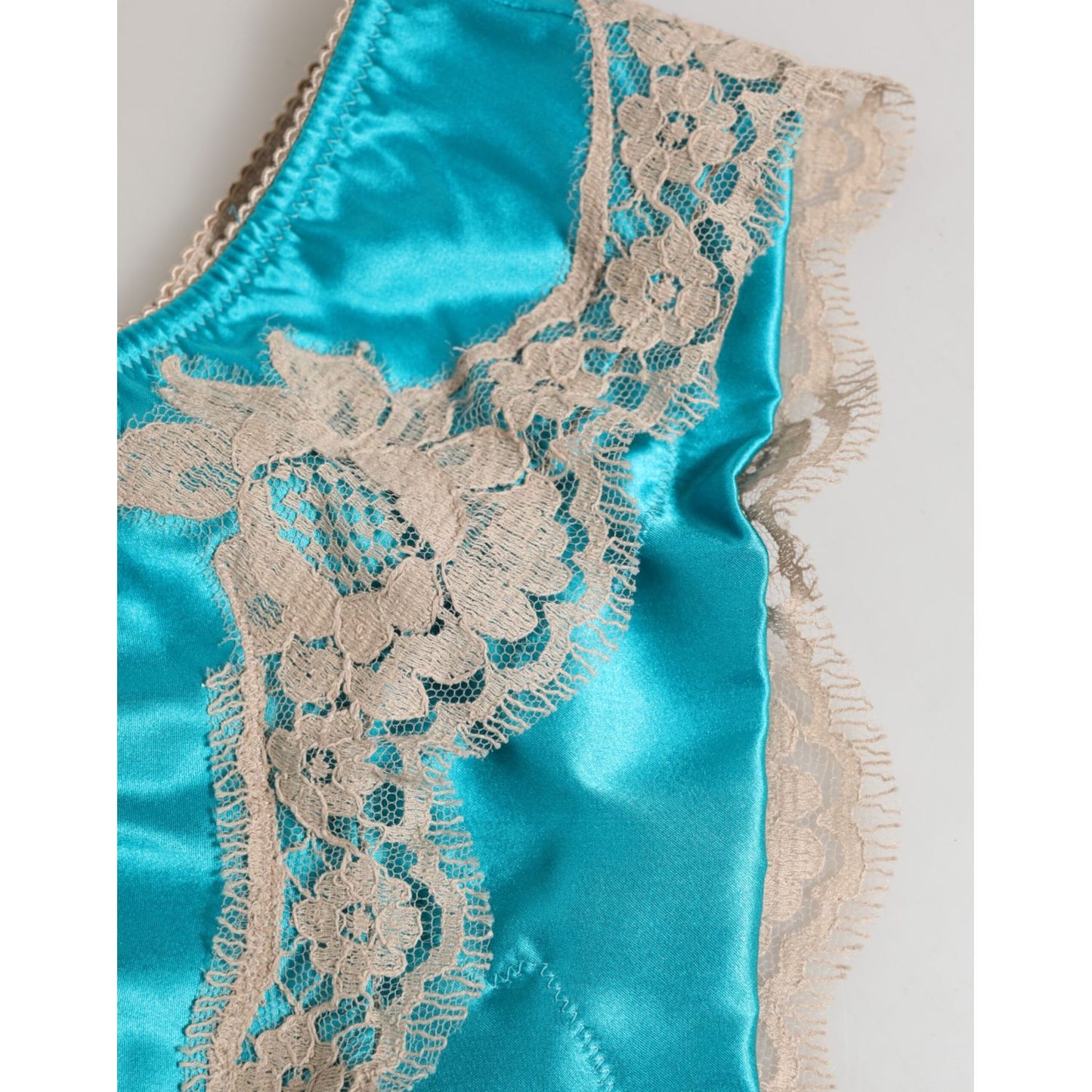 Dolce & Gabbana Blue Silk Satin Floral Lace Trim New Slip Underwear with lace details.