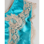 Dolce & Gabbana Blue Silk Satin Floral Lace Trim New Slip Underwear with lace details.