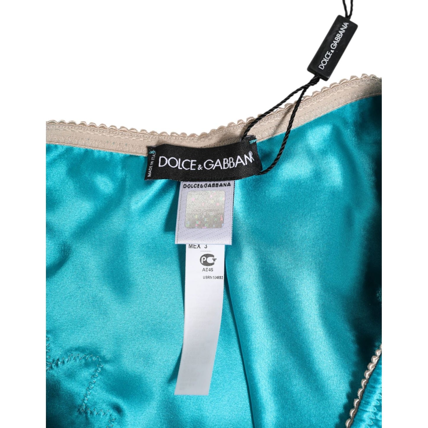 Dolce & Gabbana Blue Silk Satin Floral Lace Trim New Slip Underwear featuring luxurious silk fabric and lace detailing with logo tag.