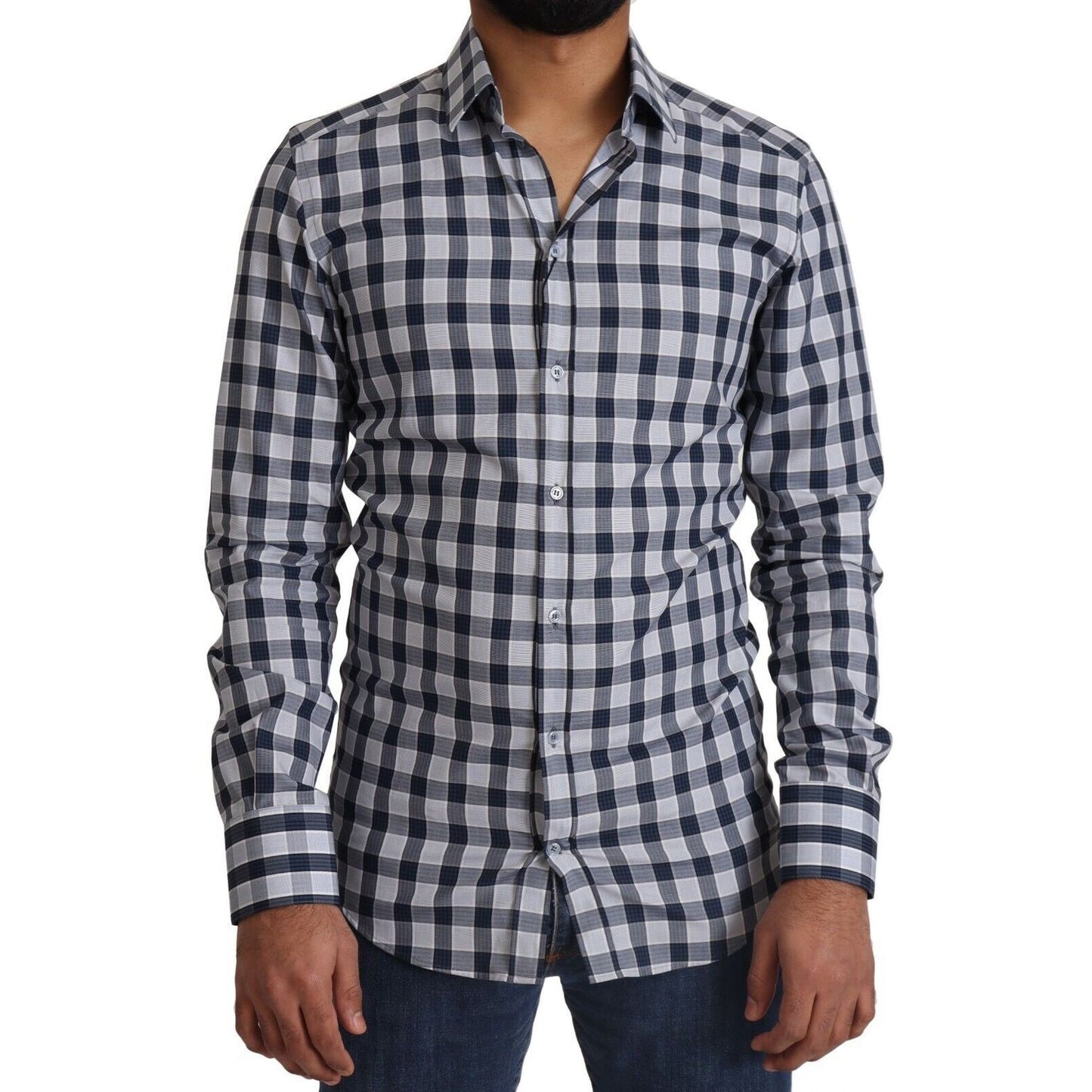 Dolce & Gabbana Blue White Check Cotton Slim Fit GOLD Shirt Dolce & Gabbana