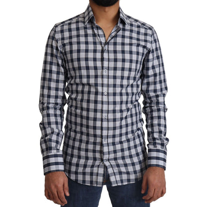 Dolce & Gabbana Blue White Check Cotton Slim Fit GOLD Shirt Dolce & Gabbana