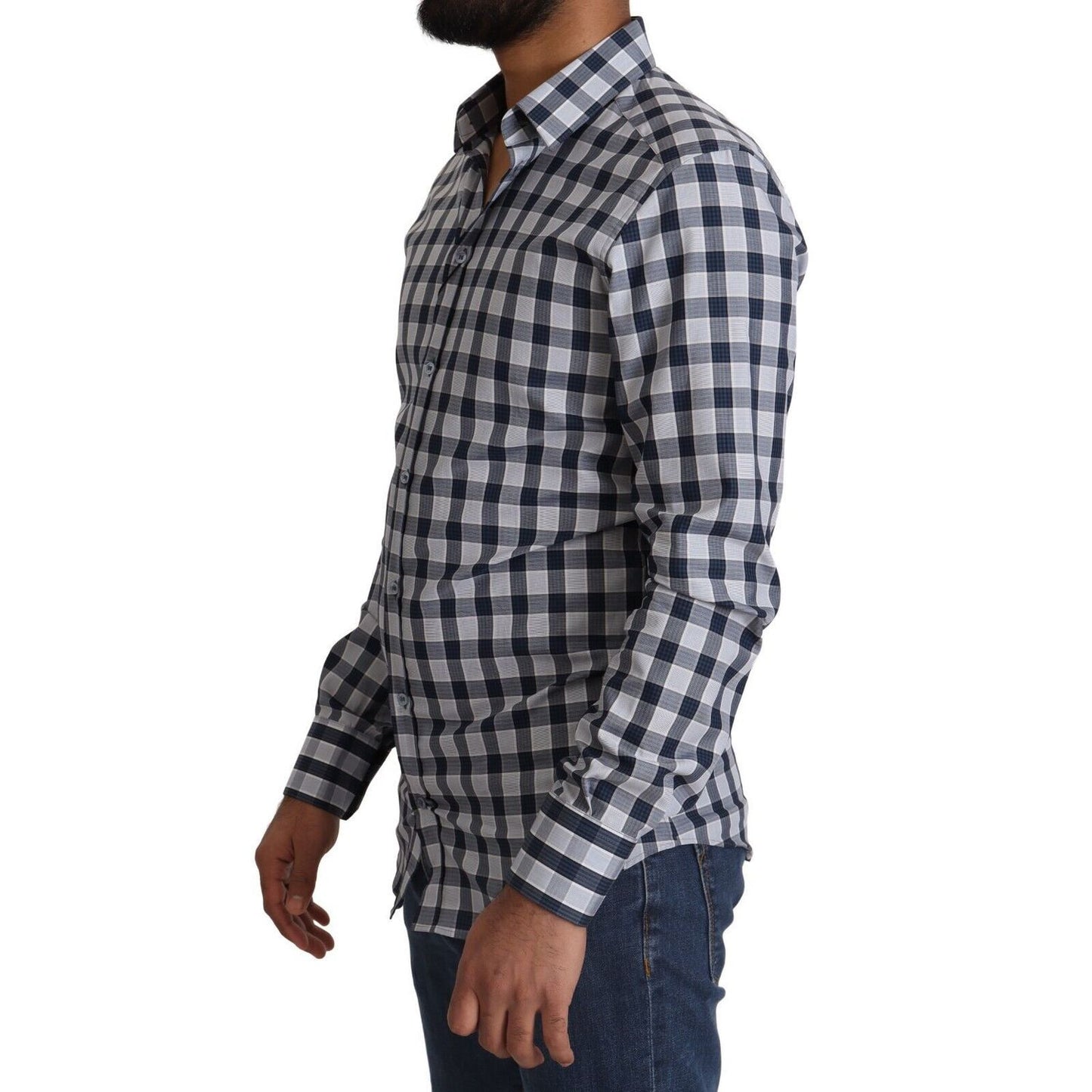 Dolce & Gabbana Blue White Check Cotton Slim Fit GOLD Shirt Dolce & Gabbana