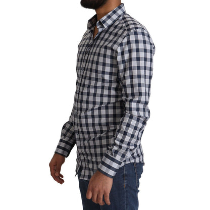 Dolce & Gabbana Blue White Check Cotton Slim Fit GOLD Shirt Dolce & Gabbana