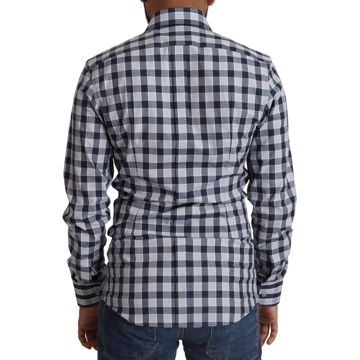 Dolce & Gabbana Blue White Check Cotton Slim Fit GOLD Shirt Dolce & Gabbana