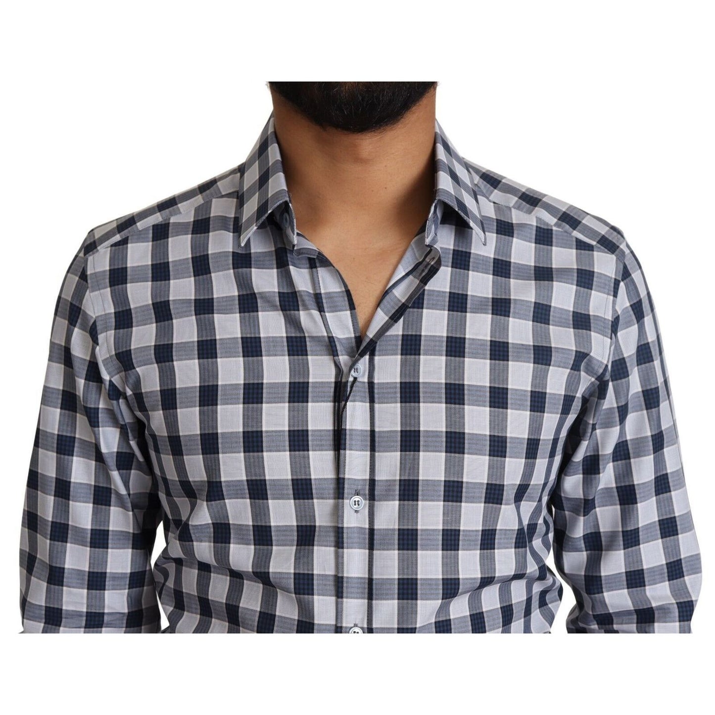 Dolce & Gabbana Blue White Check Cotton Slim Fit GOLD Shirt Dolce & Gabbana