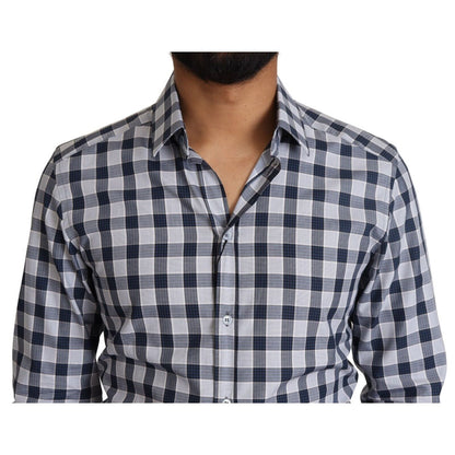 Dolce & Gabbana Blue White Check Cotton Slim Fit GOLD Shirt Dolce & Gabbana