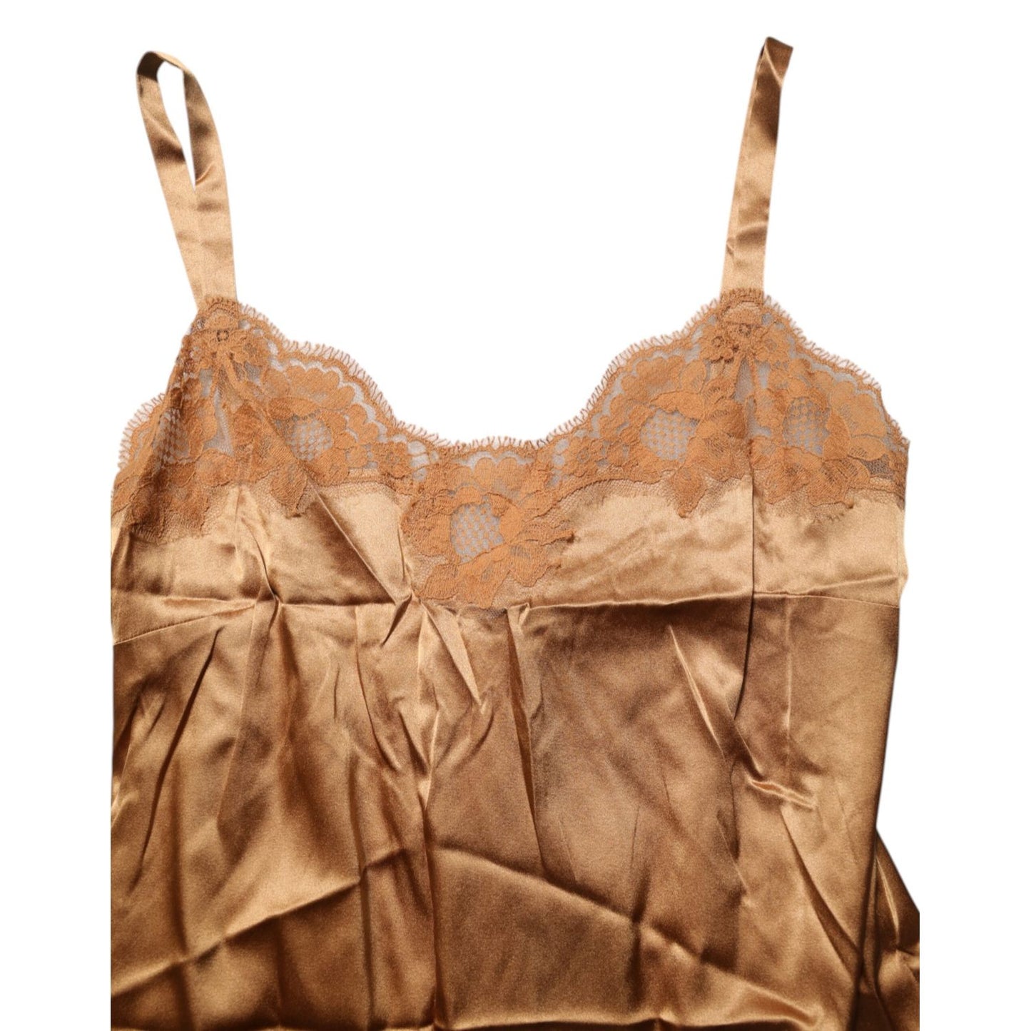 Dolce & Gabbana Brown Floral Lace Tank Lingerie Sleepwear Underwear in silky satin with heart-shaped neckline and delicate lace trim.