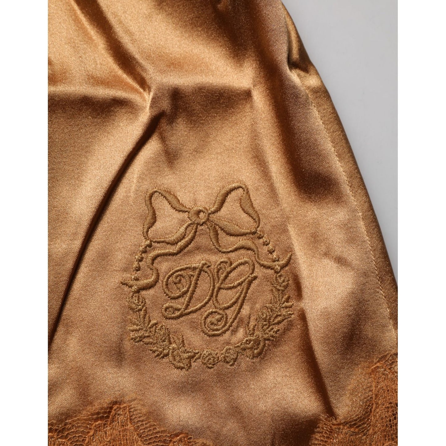Dolce & Gabbana Brown Floral Lace Tank Lingerie Sleepwear Underwear with embroidered DG logo on silk satin fabric.