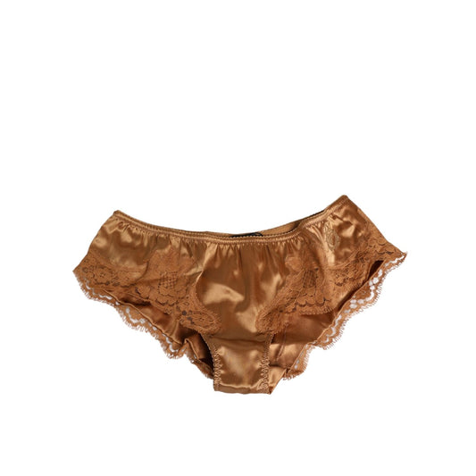 Dolce & Gabbana Brown Lace Silk Satin Slip Panties Underwear with elegant lace inserts and satin finish, made in Italy.