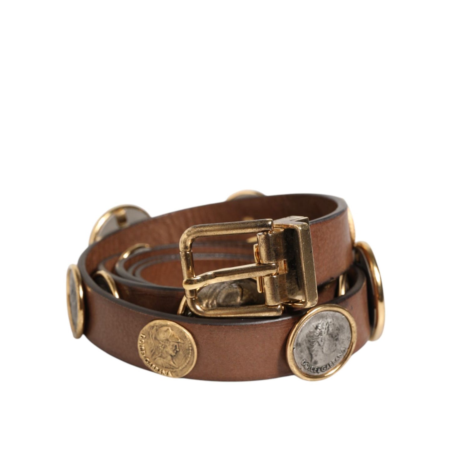Dolce & Gabbana Brown Leather Gold Silver Coin Buckle Belt Dolce & Gabbana