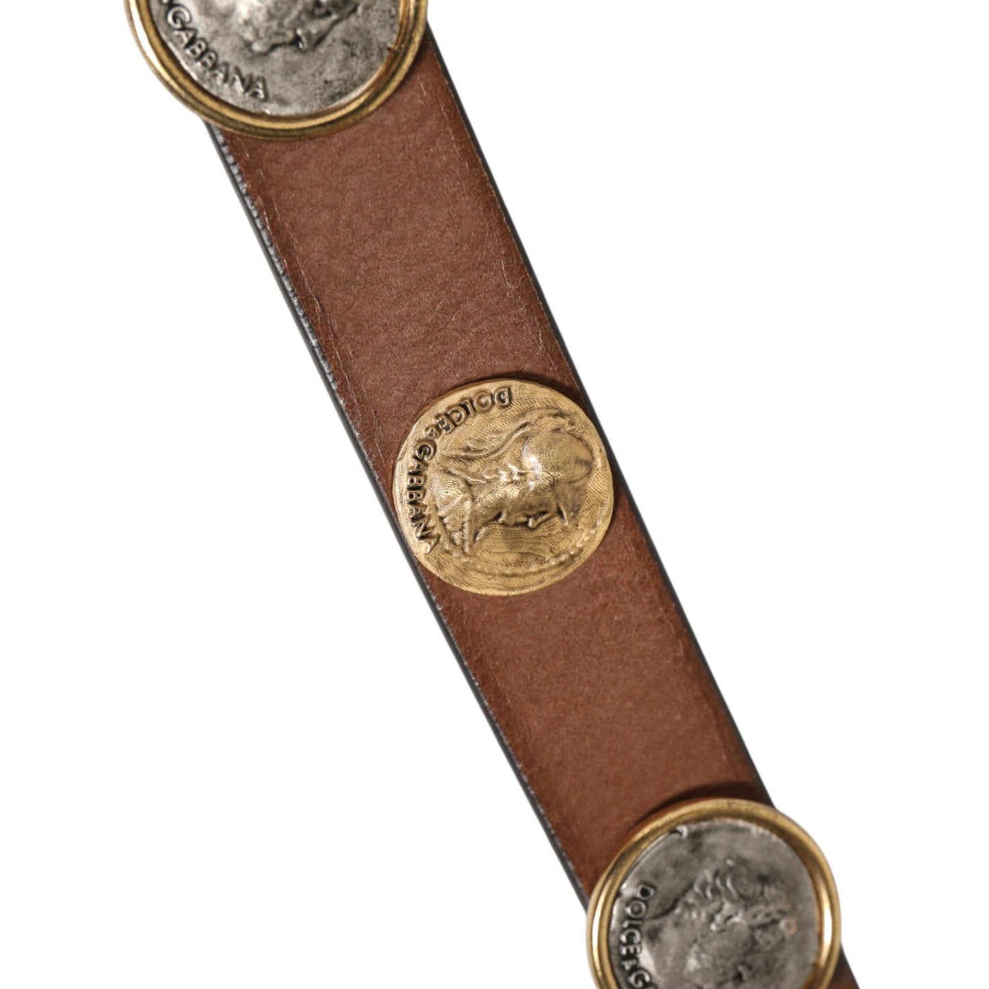 Dolce & Gabbana Brown Leather Gold Silver Coin Buckle Belt Dolce & Gabbana