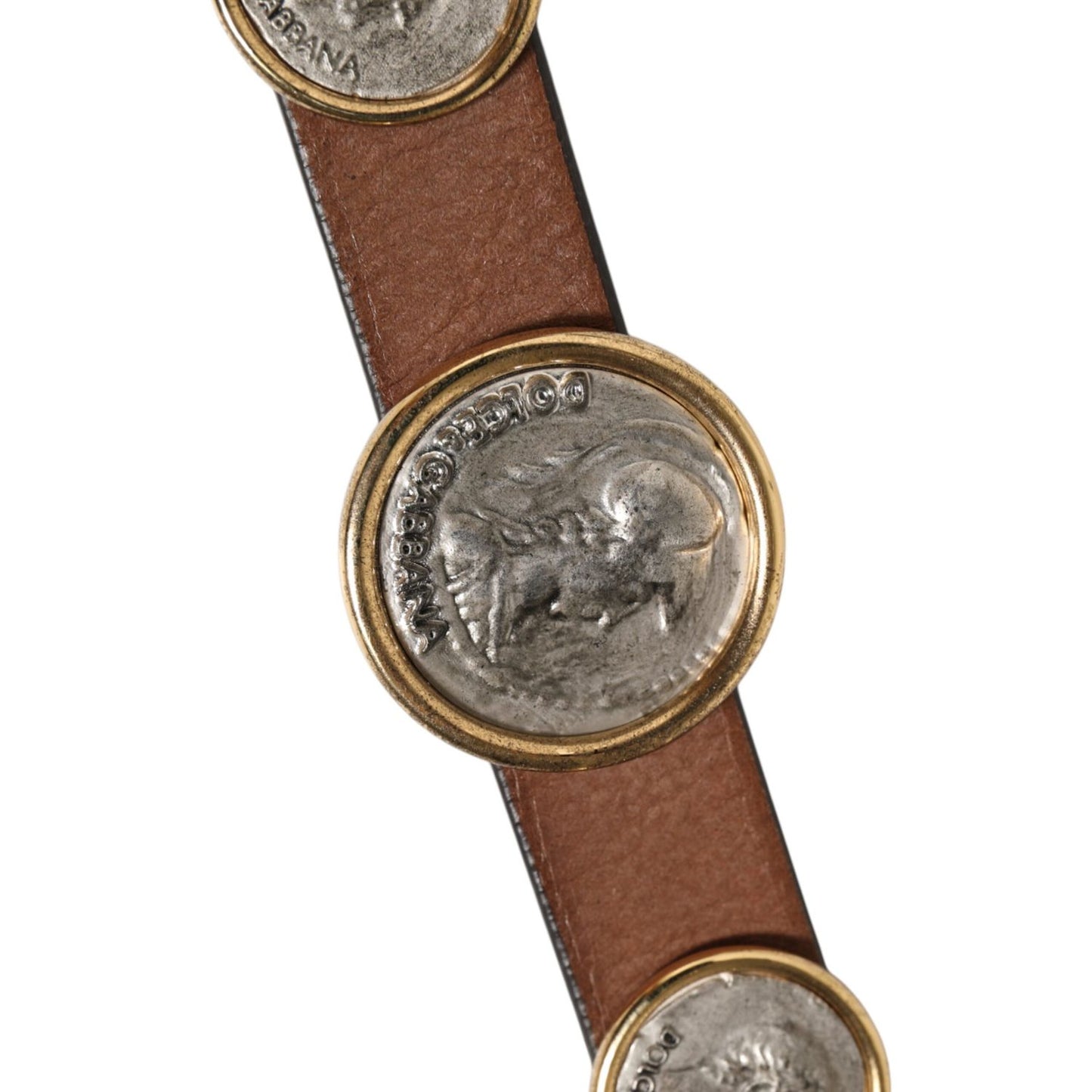 Dolce & Gabbana Brown Leather Gold Silver Coin Buckle Belt Dolce & Gabbana