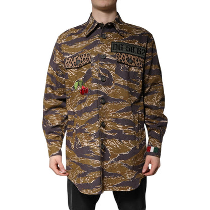 Dolce & Gabbana Brown Leopard Cotton Collared Coat Jacket Dolce & Gabbana