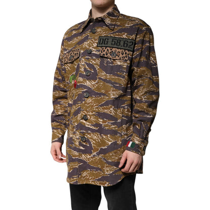 Dolce & Gabbana Brown Leopard Cotton Collared Coat Jacket Dolce & Gabbana