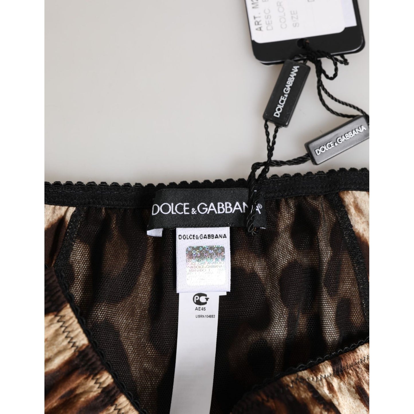 Dolce & Gabbana Brown Leopard Silk Mid Waist Panty Underwear - Close-up of tags and leopard print fabric