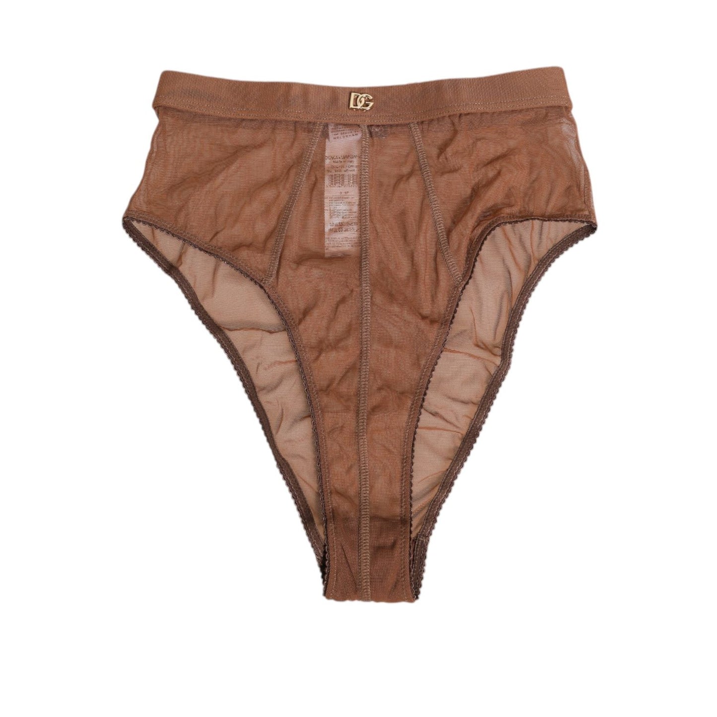 Dolce & Gabbana Brown Sheer Mesh High Waist Briefs Underwear with elastic waistband and subtle DG logo detail, elegant lingerie piece.