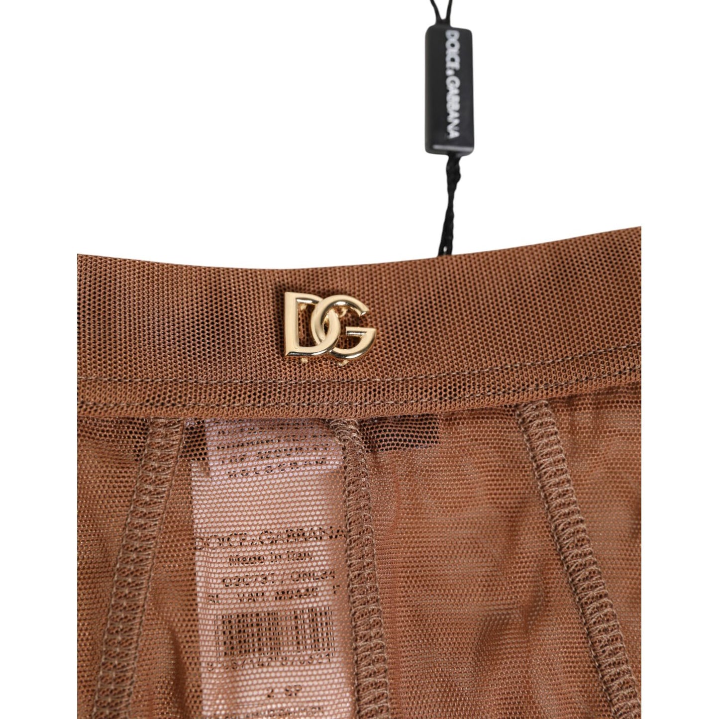 Dolce & Gabbana Brown Sheer Mesh High Waist Briefs Underwear with DG logo detail, showcasing luxury and elegance.