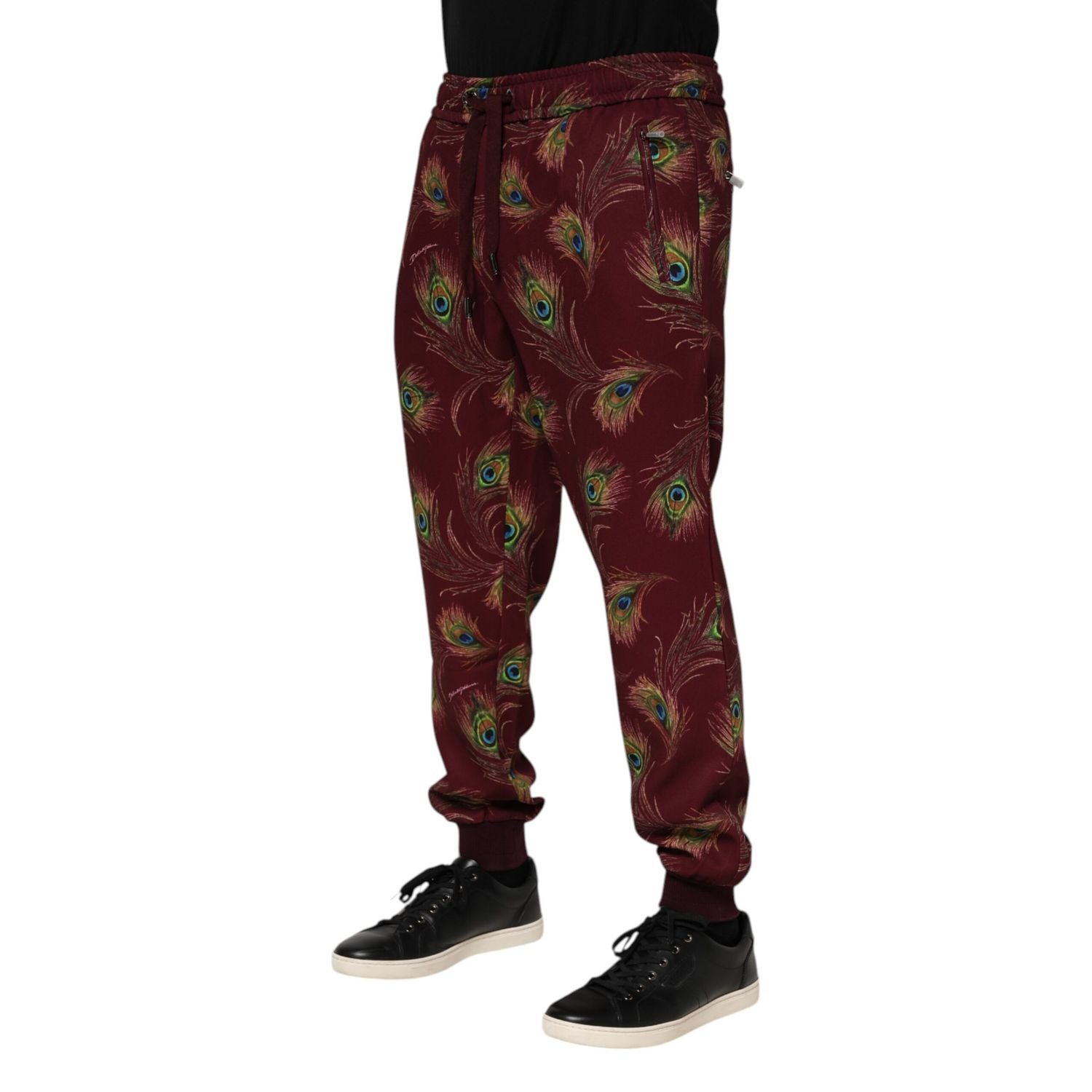 Dolce & Gabbana Burgundy Peacock Feather Print Jogger Pants
