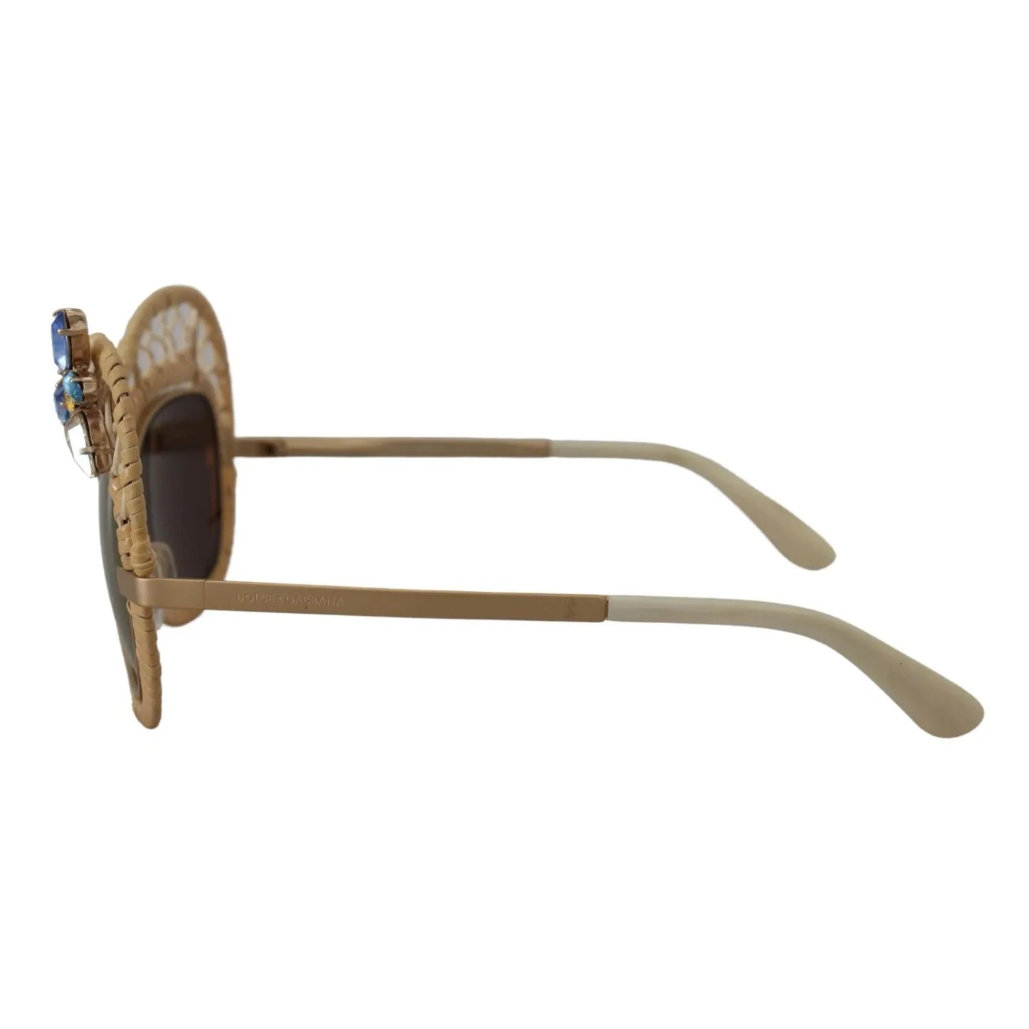 Side view of Dolce & Gabbana DG2159B Beige Gold Straw Butterfly Crystals Sunglasses showing unique straw frame and crystal embellishments.