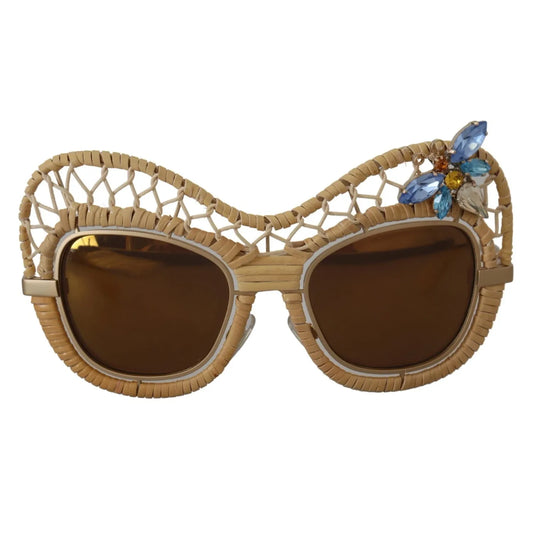 Dolce & Gabbana DG2159B Beige Gold Straw Butterfly Crystals Sunglasses with brown lenses, unique design for women.