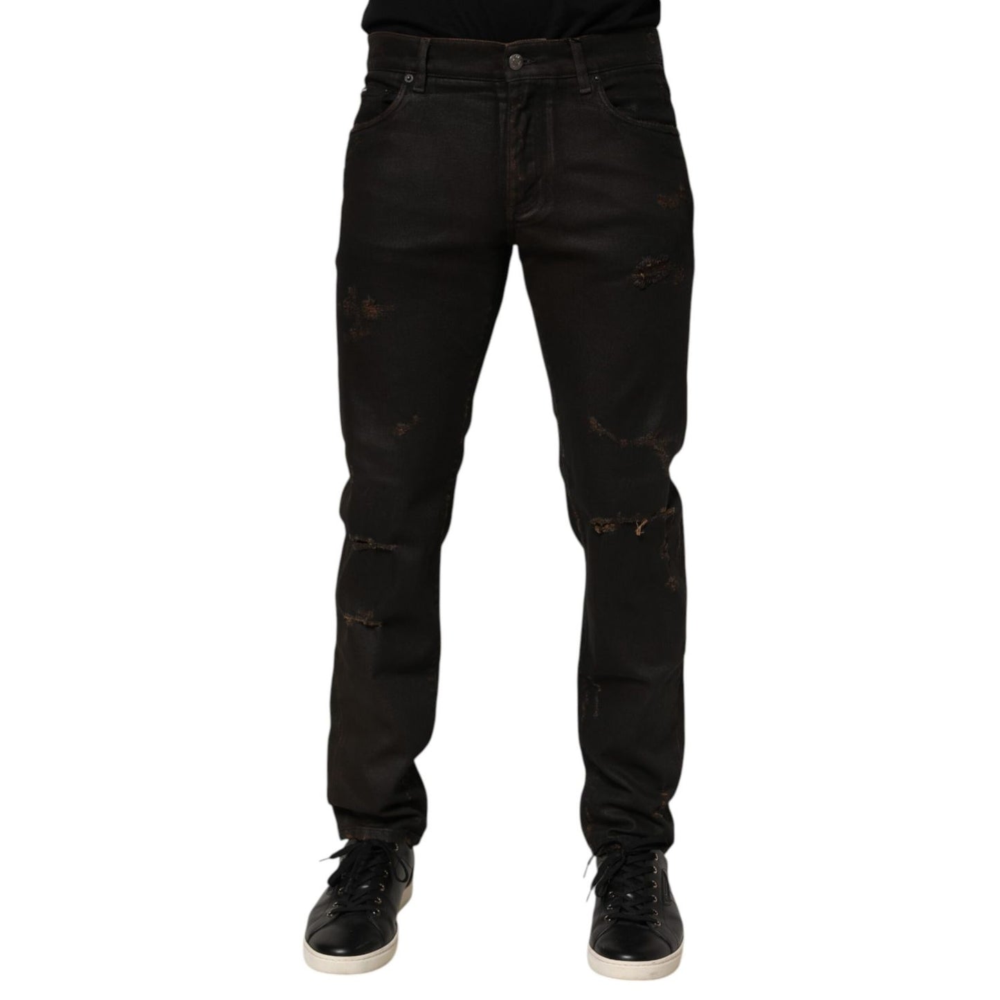 Dolce & Gabbana Dark Brown Tattered Cotton Skinny Denim Jeans Dolce & Gabbana