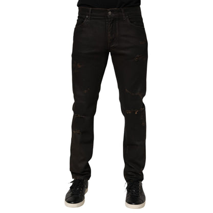 Dolce & Gabbana Dark Brown Tattered Cotton Skinny Denim Jeans Dolce & Gabbana