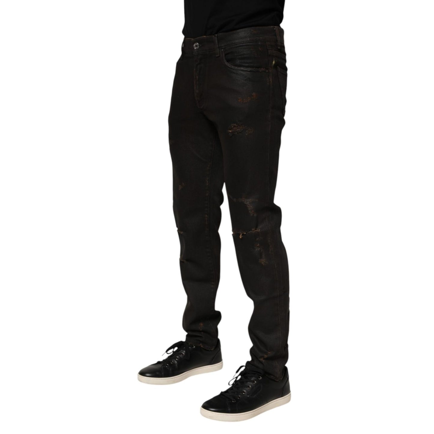 Dolce & Gabbana Dark Brown Tattered Cotton Skinny Denim Jeans Dolce & Gabbana